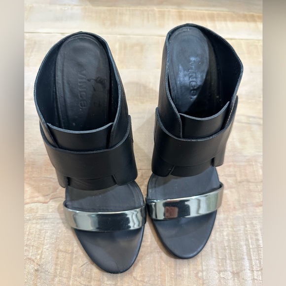 Vince KARMA - 2 black leather pewter silver wedge heel sandal mules - Picture 3 of 14